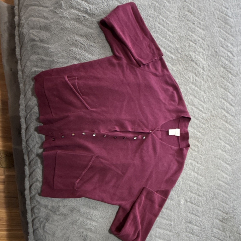 J. Jill Burgundy Cotton Cardigan Sweater Short Sleeve V-Neck L Button Pockets